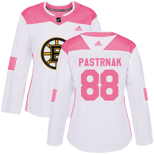 Adidas Bruins #88 David Pastrnak White/Pink Authentic Fashion Women's Stitched NHL Jersey - Click Image to Close